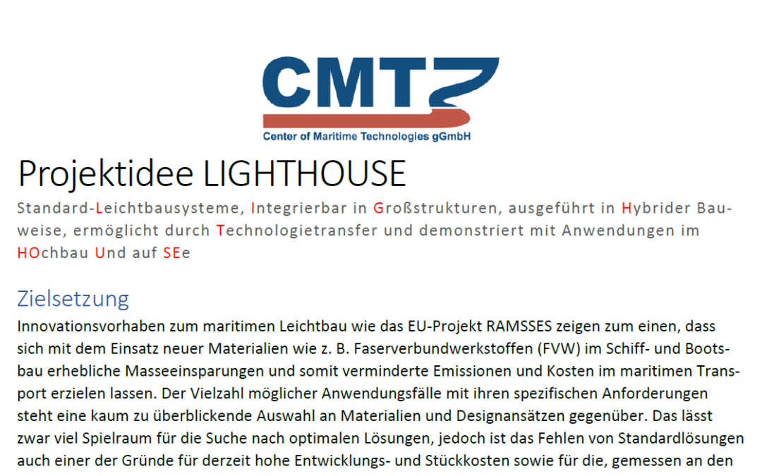 CMT sucht Werften für Leichtbauprojekt LIGHTHOUSE